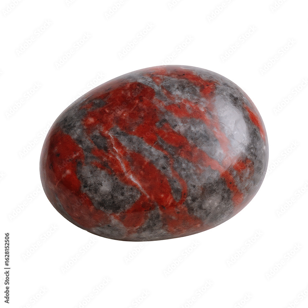 Fototapeta premium Polished Oval Red Jasper Stone with Striking Gray Veins, Symbolizing Natural Beauty and Earthly Energy