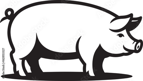 Stylized Pig Silhouette Vector Illustration with Curly Tail on Transparent Background