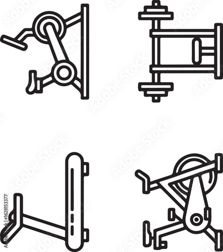 Gym Equipment Outline Icon Set – Treadmill, Rowing Machine, Exercise Bike, Leg Press, and Chest Press Machine