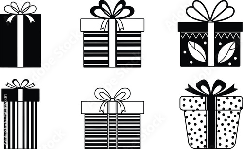Black and white gift boxes presents vector graphic design set
