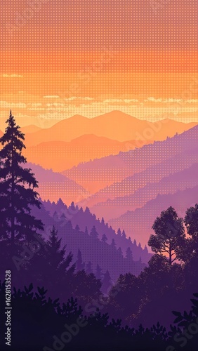 Pixel art mountain landscape at sunset with orange sky
