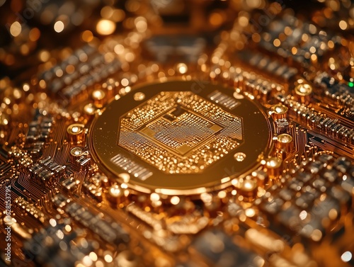 Quantum Processor Wafer Close-Up with Gold Circuit on Sapphire Base, Semiconductor Technology