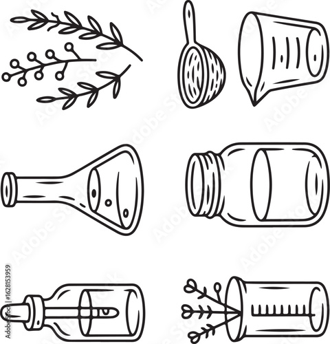 Hand-Drawn Herbal Extract Line Icons – Tincture Dropper, Beaker, Glass Jar, Filter Funnel, and Herbs