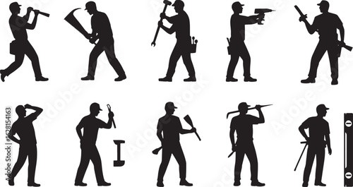 Silhouetted Construction Workers with Tools Vector Illustration Set for Building and Repair Projects