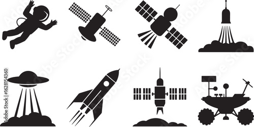 Space Exploration Icons Set Silhouette Astronaut Satellite Rocket Spaceship Ufo Rover Vector Illustration