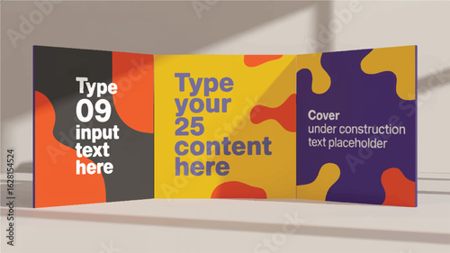 Three panel display with abstract shapes and placeholder text exhibition trade show