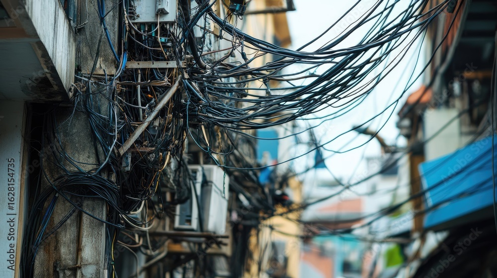 Obraz premium Urban infrastructure failure showing tangled electrical and telecom wires dangerously exposed