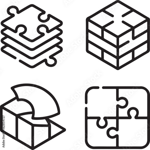Hand-Drawn Multilayer Puzzle Line Icons – Layered Game Piece, 3D Puzzle Cube, Stackable Tiles, and Exploded Puzzle View