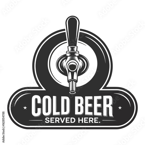 Photo of vintage cold beer served here sign with a classic beer tap emblem