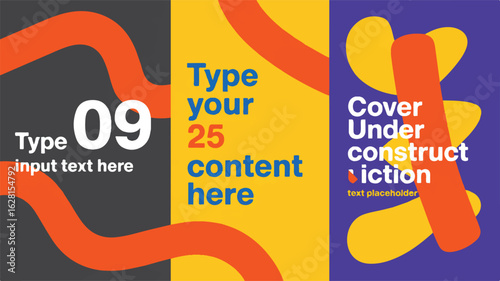 Three panels with abstract shapes and text placeholders in orange blue and yellow background graphic