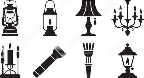 Lighting Silhouette Collection Lamp Lantern and Chandelier Icons Illumination Vector Illustration