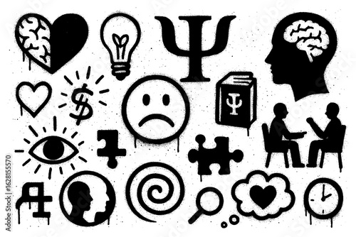 Mental health and psychology icons with brain, emotions, and gender symbols in graffiti style, Transparent Background