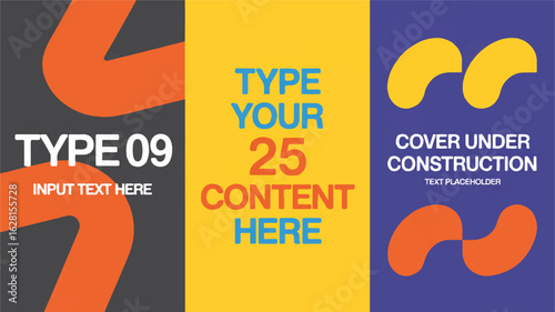 Three vertical panels with graphic shapes and text placeholders graphic design mockup