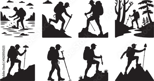 Hiking Silhouettes Vector Set Outdoor Adventure Trekking Isolated on Transparent Background Mountaineering
