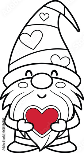 Cartoonish gnome outlines hold a heart with stripes and hearts on his hat