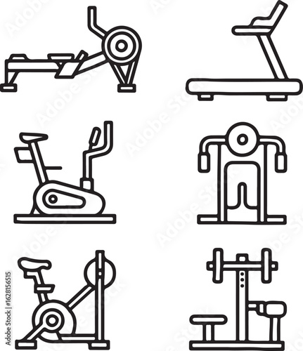 Minimal Vector Icons of Gym Training Machines – Rowing Machine, Treadmill, Exercise Bike, Chest Machine, and Leg Press