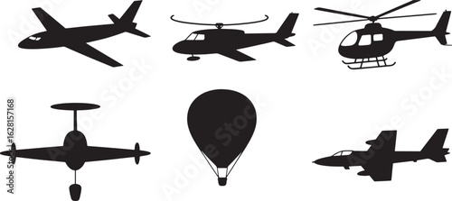 Aircraft Silhouette Collection Airplane Helicopter and Jet Icons Transportation Vector Design