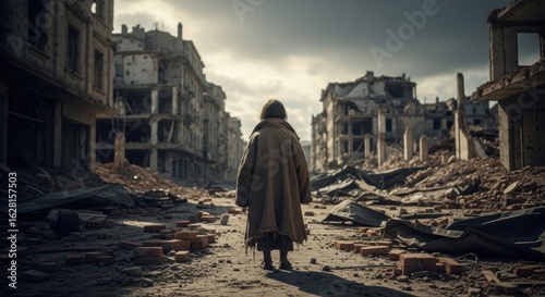 Fototapeta Naklejka Na Ścianę i Meble -  Kid walking through a street of destroyed city during wartime or postwar era. Concept of conflict consequence and human struggle.