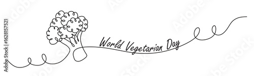 Continuous line art of a broccoli with "World Vegetarian Day" written on the side. Healthy food concept. Diet menu.