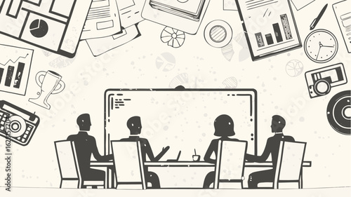 Illustration of a business meeting with people sitting around a table with documents and charts around it | editable eps vectors silhouette