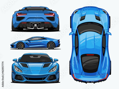 set of blue sports cars on white background