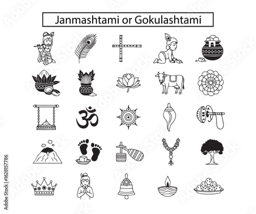 Janmashtami Icon Set: Black & Line Art Vector Graphics for Krishna's Birthday