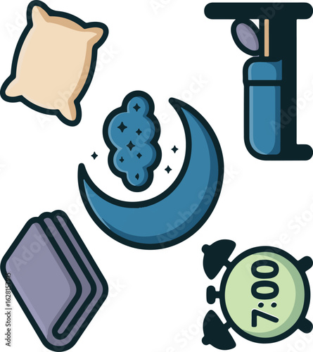 Sleep and Rest Solid Icon Set – Sleep Mode Symbol, Cozy Blanket, Dream Bubble, Pillow, and Bedtime Alarm