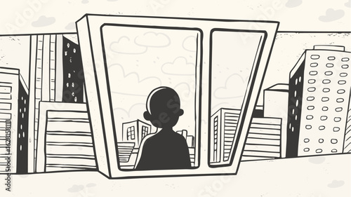 Silhouette of a person looking out of a window at a city skyline with buildings and clouds in the sky | editable eps vectors