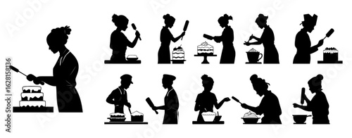 Chef silhouettes baking and preparing desserts in a professional kitchen environment