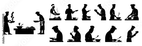 Chef silhouettes preparing food and cooking dishes in a professional restaurant kitchen