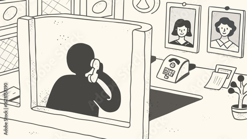 Person in cubicle talking on phone with desk items and framed photos in a monochrome illustration | editable eps vectors silhouette