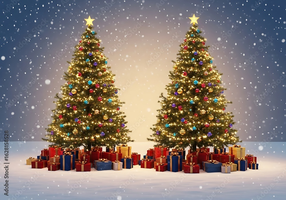 Obraz premium Two decorated christmas trees with presents in the snow