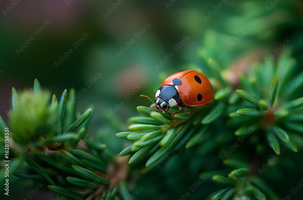 Fototapeta premium A close-up of a ladybug on a green tree, macro photography, macro lens,