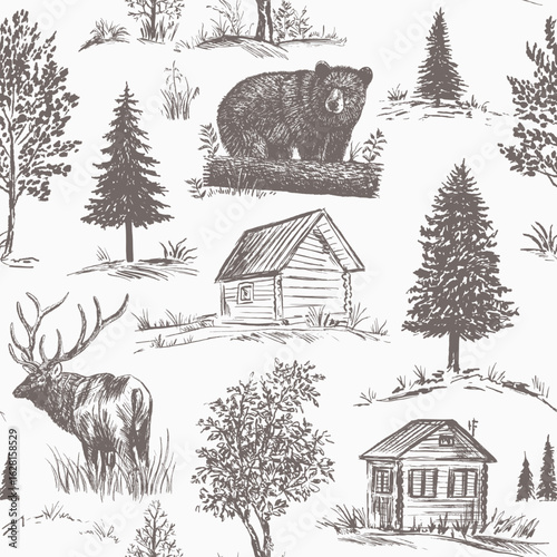 Bear and elk forest seamless pattern. Toile de Jouy style. Vector illustration.