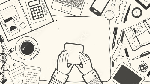 Overhead view of a desk with hands holding a card surrounded by office supplies and technology items | editable eps vectors silhouette