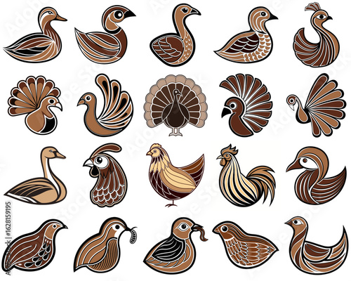 Colorful set of decorative bird icons in various styles and poses  