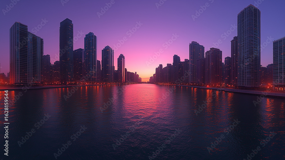Fototapeta premium Urban skyline at dusk, featuring tall buildings reflecting on calm water, with vibrant colors in the sky, creating a serene and picturesque cityscape atmosphere