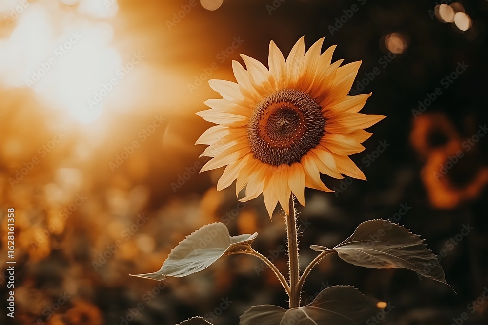 Naklejka premium Close-up of a single sunflower in full bloom, golden petals glowing in warm sunlight