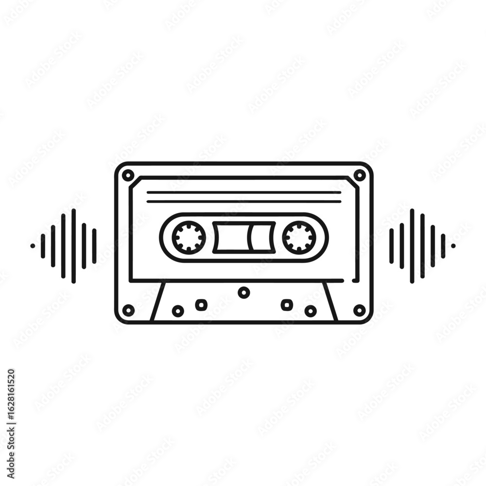 Fototapeta premium Retro Tape in Melody a vintage audio cassette, outlined in a minimalistic design, radiates sound waves. It's a simple yet evocative image, perfectly capturing the essence of music and nostalgia.