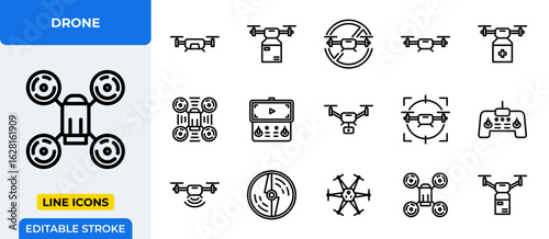 Drone technology icons set featuring unmanned aerial vehicles delivery camera remote control flying gadgets and modern futuristic devices vector illustration