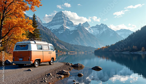 Orange vintage camper parked by a quiet autumn lake against the backdrop of yellow autumn leaves, majestic snow-capped mountains and pine forests. AI-Generated