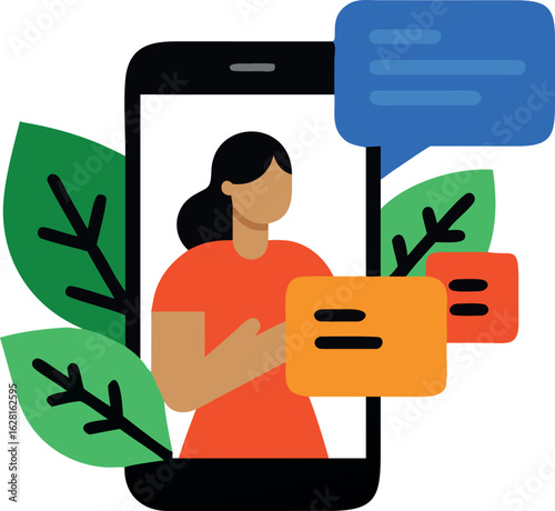 Brunette woman in orange shirt appears on smartphone with blue message bubble