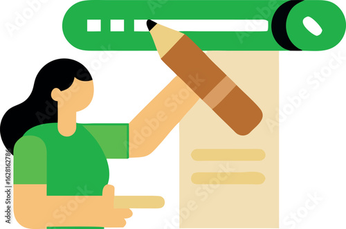 Faceless brunette marks a document using a pencil, which is over a green banner