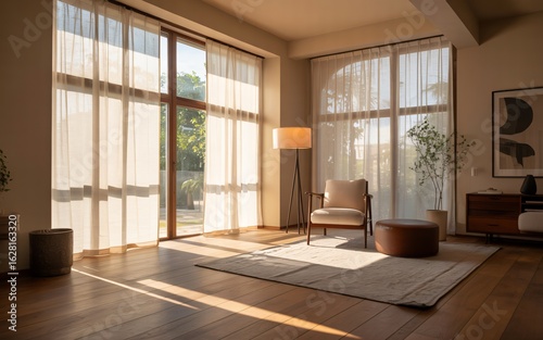 Sunlit Living Room with Sheer Curtains and Modern Furniture