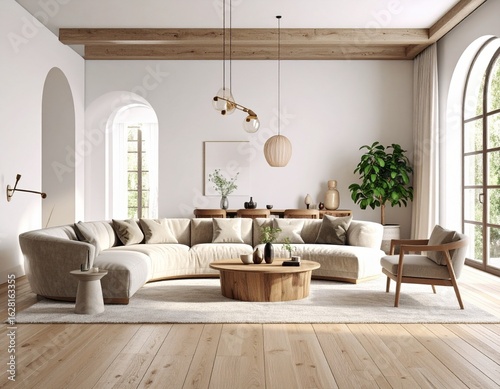 A contemporary living room interior with a curved boucl    sofa and travertine coffee table