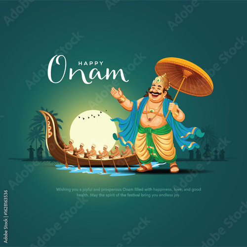 South India Kerela festival happy Onam celebration greetings with king mahabali. Creative vector illustration design.