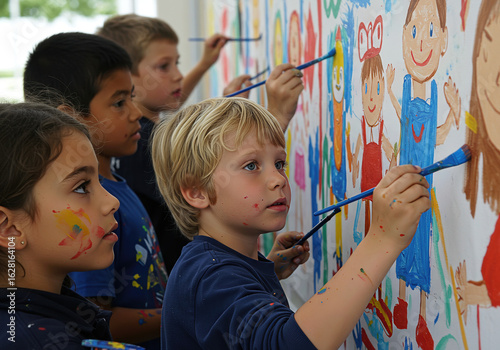 Children Painting Colorful Mural on Wall, Group Art Project, Creative Expression, Diversity and Collaboration in Childhood