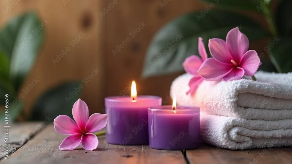 Purple candles and stack of white towels in the spa. Purple candles and stack of white towels in the spa.