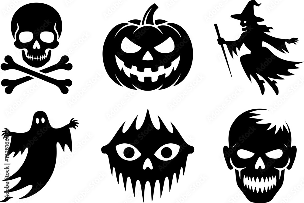Obraz premium Halloween silhouettes Skull and Bones Pumpkin Smile Shadow Witch Ghost Trail Creepy Eyes Zombie Stare