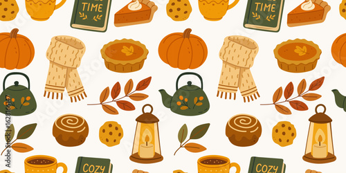 Autumn seamless pattern with cozy fall elements: pumpkins, teapots, scarves, pie, cookies, candles, cinnamon roll, book, mug, foliage. Cute vintage vector background for seasonal decor or fabric